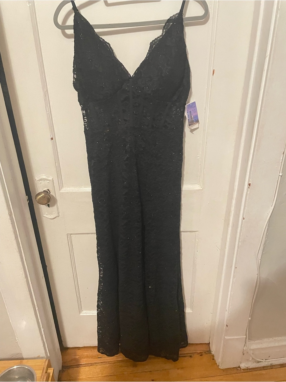 Morgan & Co. Black Lace Maxi Dress with Spaghetti Straps